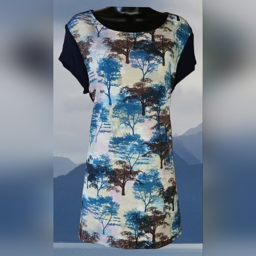 Sweet Abstract Trees Design Knit Dress Hi-Low Soft Comfy Bodycon Sz M Excellent!